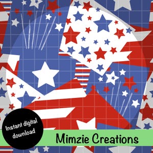 Puede incluir: Un diseño digital patriótico con un patrón repetitivo de estrellas y rayas rojas, blancas y azules. El diseño incluye un fondo de cuadrícula azul y el texto "Instant digital download" y "Mimzie Creations".