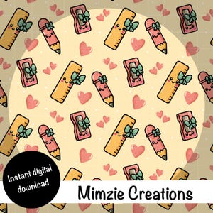 Cute Stationary Seamless Pattern PNG, Back to School Coquette PNG for sublimation, digital paper, scrapbooking, fabric, crafts and more