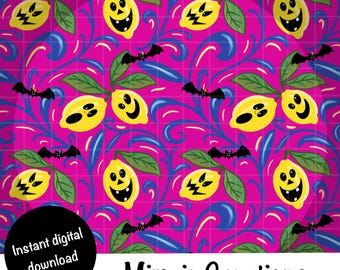Straszny letni wzór cytryn bez szwu PNG, wzór inspirowany Halloween na Wybrzeżu Amalfi do druku na żądanie, papier cyfrowy, tkanina, rękodzieło