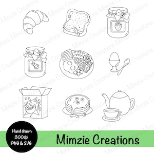 Könnte beinhalten: Schwarz-Weiß-Illustrationen von Frühstücksartikeln, darunter ein Croissant, Toast, Marmeladengläser, ein komplettes Frühstück, ein Ei im Becher, eine Müslischachtel, Pfannkuchen und eine Teekanne mit einer Tasse. Der Text "Mimzie Creations" ist enthalten.