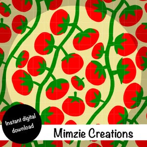Può includere: Illustrazione digitale con un motivo ripetuto di pomodori rossi con steli e foglie verdi. I pomodori sono disposti su uno sfondo giallo chiaro con un motivo a griglia. È presente anche il testo "Instant digital download" e "Mimzie Creations".