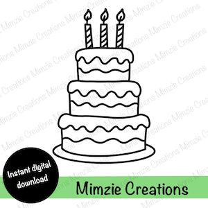 May include: Black and white line art illustration of a three-tiered birthday cake with three lit candles on top. The cake sits on a round plate. Text on the image says "Instant digital download" and "Mimzie Creations".