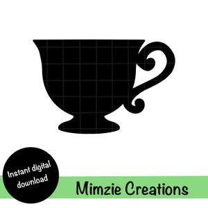 May include: A black silhouette of a teacup with a curved handle and a decorative base. The teacup is set against a white background. Below the teacup is a black circle with the text "Instant digital download". Below that is a green banner with the text "Mimzie Creations".