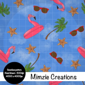 Tropical Summer Seamless Pattern: Blue Inflatable Flamingo Pool Party PNG