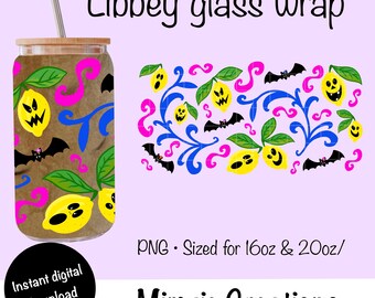 Spooky Lemons Glass Can Wrap PNG: Scary Summer Fruit Halloween Pattern
