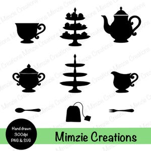 Könnte beinhalten: Schwarze Silhouette-Illustrationen von Tee-Party-Artikeln, darunter eine Teetasse, eine mehrstöckige Servierplatte, eine Teekanne, eine Zuckerdose, ein Sahnekännchen, ein Löffel, ein Teebeutel und eine Gabel. Der Text "Mimzie Creations" ist ebenfalls enthalten.