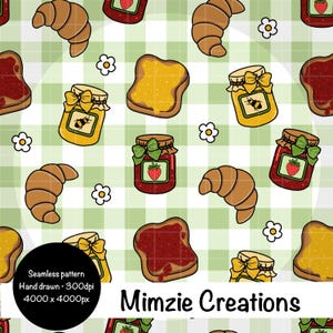 Può includere: Motivo senza cuciture con illustrazioni di cartoni animati di elementi per la colazione come croissant, toast con marmellata e barattoli di miele. Fiori bianchi su sfondo a scacchi verdi. Il testo "Mimzie Creations" è in basso.