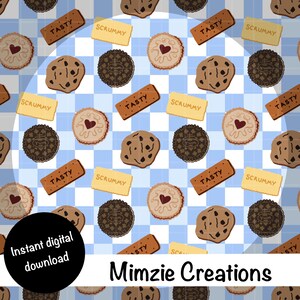 May include: A digital pattern featuring various cookies and biscuits on a blue and white checkered background. The cookies include chocolate chip, heart-shaped, and sandwich cookies, along with rectangular biscuits labeled "Tasty" and "Scrummy". The design includes the text "Instant digital download" and "Mimzie Creations".