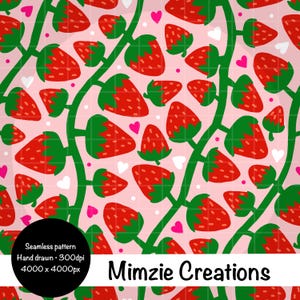 May include: Seamless pattern featuring red strawberries with green tops and vines, scattered on a pink background with white and pink hearts. The design is hand-drawn and suitable for various applications.