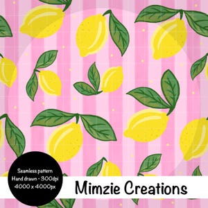 May include: Seamless pattern featuring yellow lemons with green leaves on a pink striped background. The design includes the text "Mimzie Creations" and details about the pattern's resolution and origin.