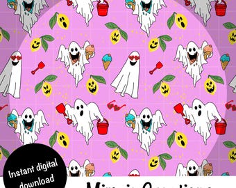 Summer Ghosts Seamless Pattern: Spooky Beach Vacation Halloween Repeat Pattern PNG