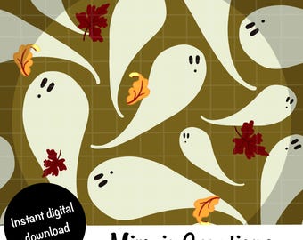 Wzór z jesiennym duchem w stylu PNG, uroczy, retro, upiorny, jesienny duch, powtarzający się wzór na Halloween, papier dekoracyjny, tkaniny, rękodzieło, sublimacja