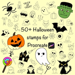 Halloween Procreate stamps brush set, 50+ spooky stamp brush bundle, simple Halloween doodle stamps including ghosts, cats, bats, pumpkins