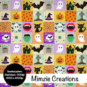 Può includere: Un motivo senza cuciture a tema Halloween con vari elementi spettrali. Il design include fantasmi, pipistrelli, zucche, cappelli da strega, ragnatele e case infestate. La tavolozza dei colori è arancione, viola, nero e verde. Il testo "Mimzie Creations" è visibile.