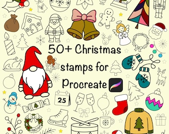 May include: A collection of over 50 Christmas-themed stamps for Procreate, featuring festive illustrations like Santa Claus, ornaments, a snowman, and a gnome. The text reads "50+ Christmas stamps for Procreate."
