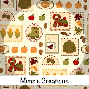 Op de afbeelding: Een herhalend patroon met herfstillustraties. Het ontwerp bevat pompoenen, appels, eikels, maïs, taart, een sjaal en muts, een mok met een esdoornblad en een trui. De tekst "Mimzie Creations" staat onderaan.