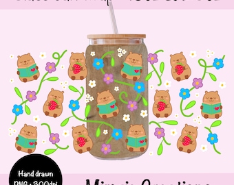 Kawaii Capybara Glass Can Wrap PNG: Wzór w kwiaty książkowe