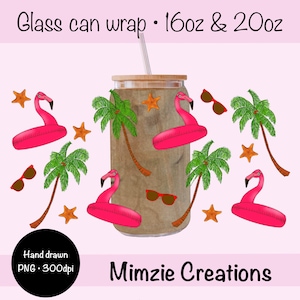 Summer Glass Can Wrap PNG: modello gonfiabile per feste in piscina con fenicotteri