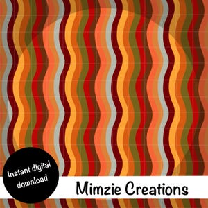 May include: Digital download featuring a wavy pattern in shades of red, orange, yellow, and gray. The design includes a grid overlay. The text "Instant digital download" is in a black circle, and "Mimzie Creations" is below.