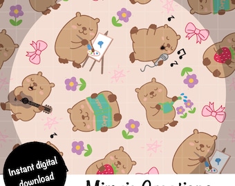Kawaii Capybara Seamless Pattern: Coquette Animal PNG