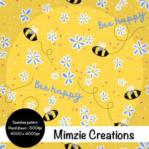 May include: A seamless pattern with cartoon bees and blue flowers on a yellow backdrop. The words "Bee happy" are written in light blue script. The design incorporates a grid pattern and small pink dots.
