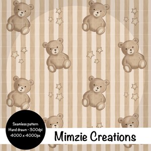 Vintage Teddy Bear Seamless Pattern: Neutral Watercolor Stripes and Stars PNG