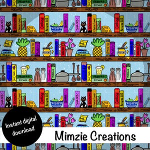 Può includere: Un'illustrazione digitale colorata di una libreria piena di libri, cibo e oggetti da cucina. I libri hanno titoli come "Ricette di cucina 101", "Cene", "Spuntini" e "Pasta". Ci sono anche immagini di cibo come formaggio, uova e ananas. Il testo "Download digitale istantaneo" e "Mimzie Creations" si trova nella parte inferiore dell'immagine.