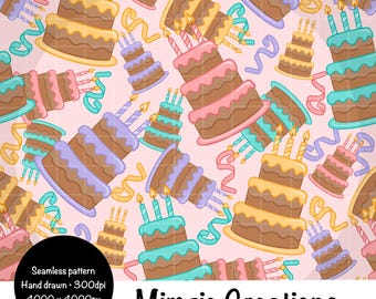 Peut inclure: Un motif sans couture avec des gâteaux d'anniversaire bruns, roses, jaunes et turquoise, ornés de bougies allumées et de rubans colorés. Le motif comprend le texte "Mimzie Creations".