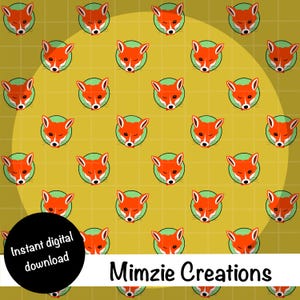 May include: A repeating pattern of cartoon fox faces in orange, white, and black on a yellow grid background. The fox faces are inside a green circle. The words "Instant digital download" and "Mimzie Creations" are also visible.