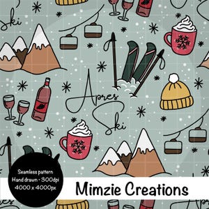 May include: Seamless pattern with a winter ski theme. The design features mountains, skis, ski lifts, wine glasses, mugs with snowflakes, and the text "Apres Ski". The background is a light teal color with white snowflakes.