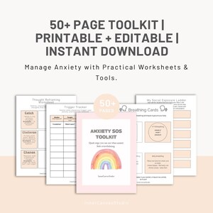 May include: A toolkit with over 50 pages, printable and editable, for instant download. The image shows worksheets and tools to manage anxiety. The cover of the toolkit features a rainbow design. The text reads "Anxiety SOS Toolkit".