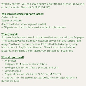 May include: A digital sewing pattern for a denim jacket, with instructions and sizes XS, S, and M. The pattern includes options for customization, such as collar or hood, zipper or buttons, and pockets. The pattern is available for instant download.