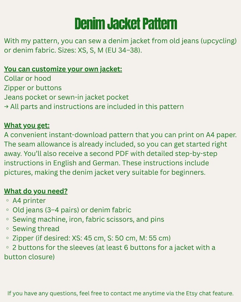 May include: A digital sewing pattern for a denim jacket, with instructions and sizes XS, S, and M. The pattern includes options for customization, such as collar or hood, zipper or buttons, and pockets. The pattern is available for instant download.