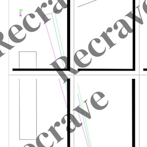 May include: A grid-like design with black lines forming rectangular shapes. Inside, there are colored lines in pink, blue, and green, along with a small white square. The word "Recrave" is watermarked across the image.
