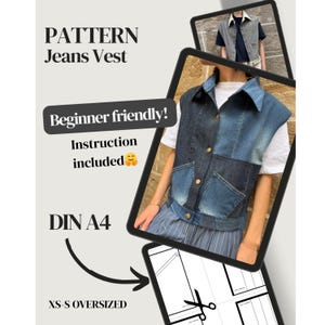 Op de afbeelding: Een spijkerbroekvestpatroon met de tekst "PATTERN Jeans Vest" en "Beginner friendly! Instruction included". Het vest is gemaakt van tweekleurig blauw denim met gouden knopen en zakken. Het patroon is voor XS-S oversized maten.