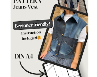 Sewing pattern PDF with instruction, Jeans vest with collar, beginner friendly, XS-S oversized, upcycling tutorial