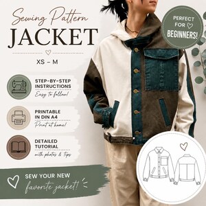 Può includere: Un modello di cucito per una giacca, con il testo "JACKET" e "XS - M". La giacca nell'immagine è colorata in crema, marrone e verde acqua. L'immagine include anche il testo "PERFECT FOR BEGINNERS!"
