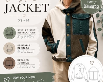 Denim Jacket Pattern PDF DINA4, PDF Sewing Instructions for Upcycling, Jacket Pattern with Pockets, Hood, Collar, Zipper and Bottons