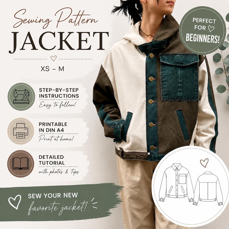 May include: A sewing pattern for a jacket, with text that reads "JACKET" and "XS - M". The jacket in the image is color-blocked in cream, brown, and teal. The image also includes text that says "PERFECT FOR BEGINNERS!"