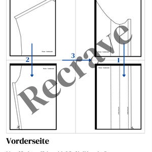May include: A diagram of a sewing pattern, featuring four rectangular sections with garment outlines and directional arrows. The text "Vorderseite" is visible, along with instructions in German. The image is a guide for assembling a garment.