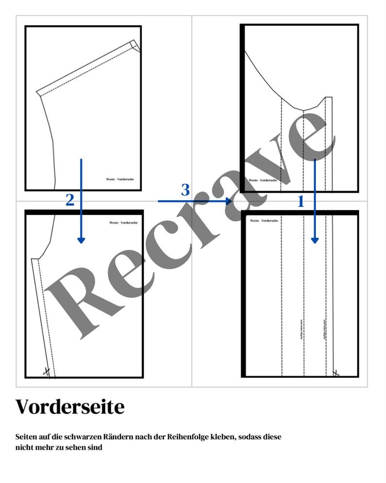 May include: A diagram of a sewing pattern, featuring four rectangular sections with garment outlines and directional arrows. The text "Vorderseite" is visible, along with instructions in German. The image is a guide for assembling a garment.