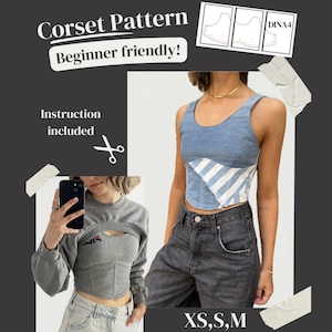 May include: Image of a corset pattern with the text "Corset Pattern Beginner friendly!" and "Instruction included". The image shows a denim corset top with white and blue striped accents. Sizes XS, S, and M are listed.