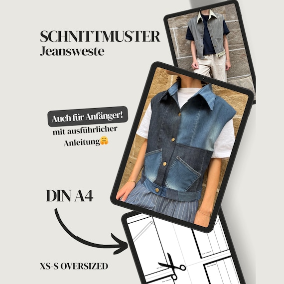 Schnittmuster Weste, Sewing Pattern PDF, DIN A4, Weste mit Kragen, XS-S oversized