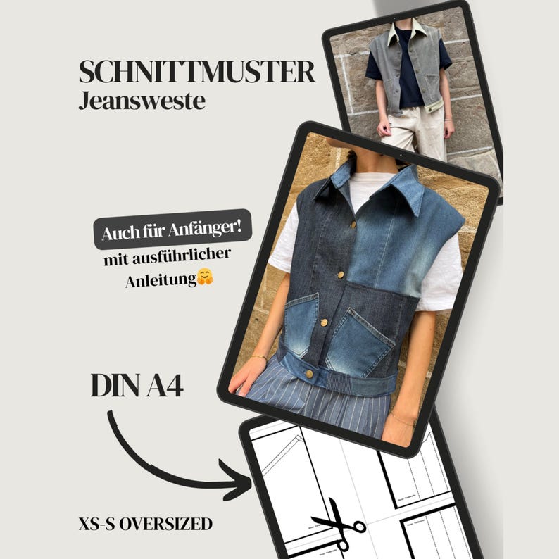 May include: A digital image of a denim vest pattern, displayed on a tablet. The vest is two-toned, with a light and dark blue denim design. Text on the image reads "SCHNITTMUSTER Jeansweste", "Auch f&uuml;r Anf&auml;nger! mit ausf&uuml;hrlicher Anleitung", "DIN A4", and "XS-S OVERSIZED".
