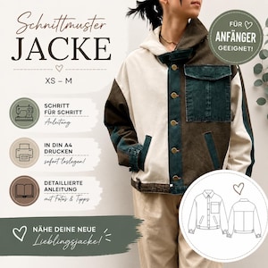 May include: A color-blocked jacket pattern with the text "Schnittmuster JACKE" and "XS - M". The jacket is white, brown, and teal. The image includes instructions for beginners and a diagram of the jacket.