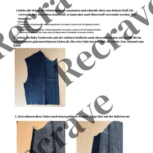 May include: A page from a sewing pattern for a denim vest, with German text and illustrations. The pattern includes instructions and diagrams for cutting and assembling the vest. The image shows a denim vest pattern piece and close-ups of the sewing process.