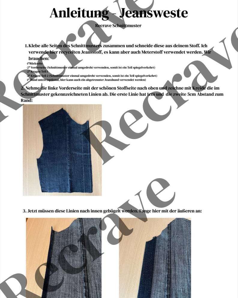 May include: A page from a sewing pattern for a denim vest, with German text and illustrations. The pattern includes instructions and diagrams for cutting and assembling the vest. The image shows a denim vest pattern piece and close-ups of the sewing process.