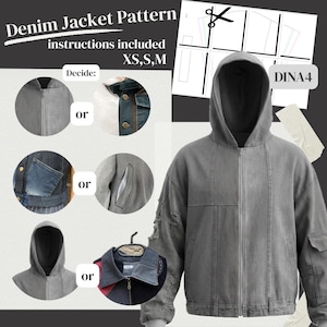 Könnte beinhalten: Ein graues Jeansjackenmuster mit Kapuze und Reißverschluss. Das Bild enthält Anweisungen und Optionen für Taschen- und Kragenstile. Der Text auf dem Bild lautet "Denim Jacket Pattern" und "instructions included XS, S, M".