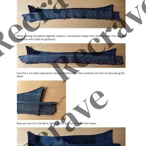 May include: Step-by-step sewing instructions with denim fabric pieces. The image shows the process of sewing, trimming, and ironing fabric to create a specific shape. Text instructions are included, guiding the user through the process.