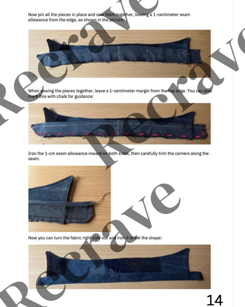 May include: Step-by-step sewing instructions with denim fabric pieces. The image shows the process of sewing, trimming, and ironing fabric to create a specific shape. Text instructions are included, guiding the user through the process.